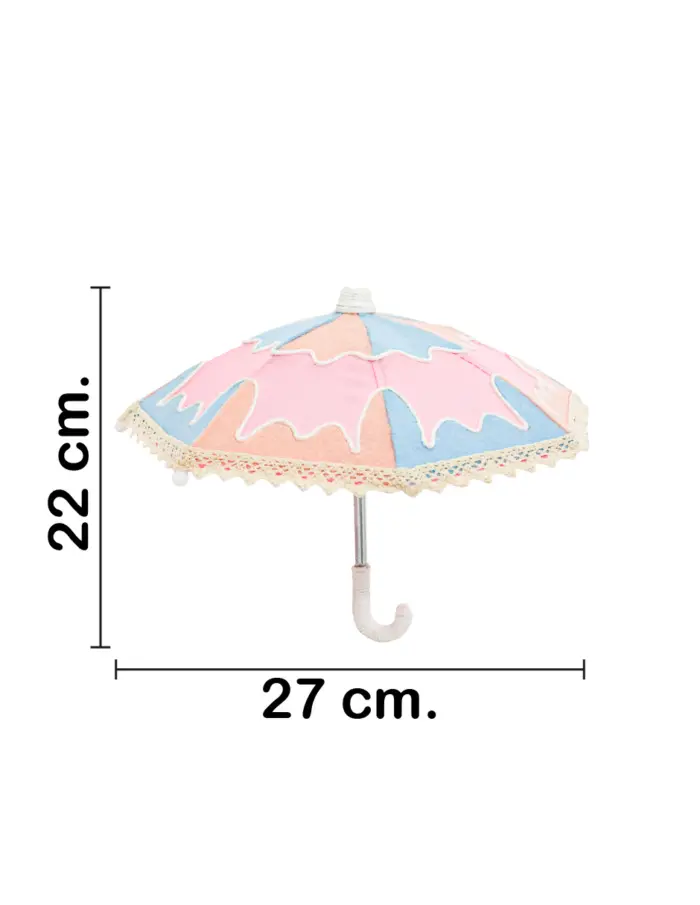 Paraguas decorativo de tela rosa con azul y durazno de 27x27x22cm - Image 2