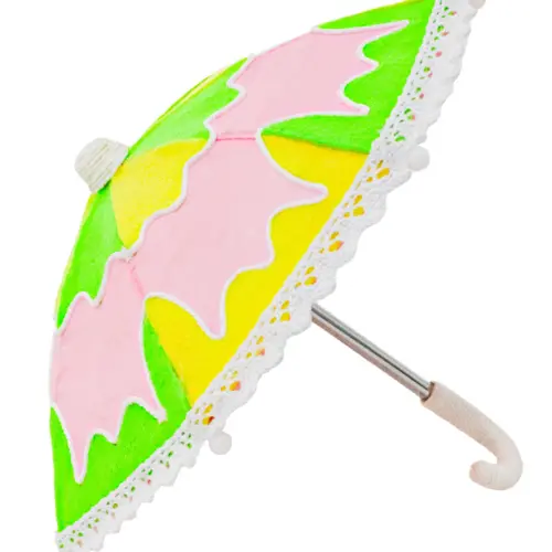 Paraguas decorativo de tela rosa con verde y amarillo de 27x27x22cm