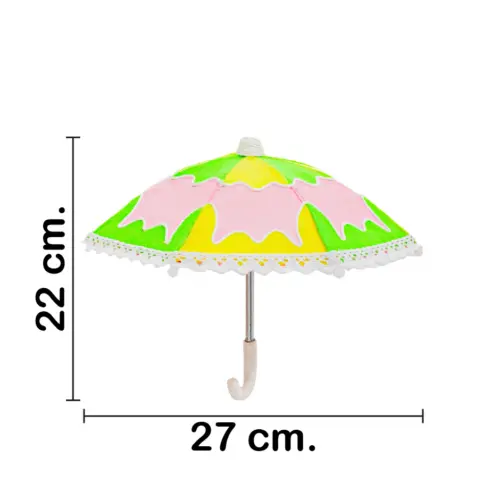 Paraguas decorativo de tela rosa con verde y amarillo de 27x27x22cm