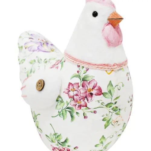 Gallina forrada de papel con flores rosa de 27x18x30cm