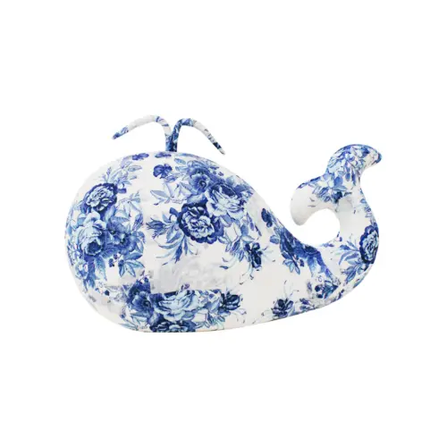 Ballena forrada de papel con flores azules con blanco de 26x14x19cm