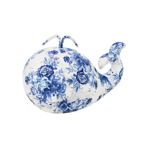 Ballena forrada de papel con flores azules con blanco de 26x14x19cm