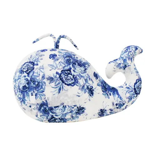 Ballena forrada de papel con flores azules con blanco de 32x17x24cm