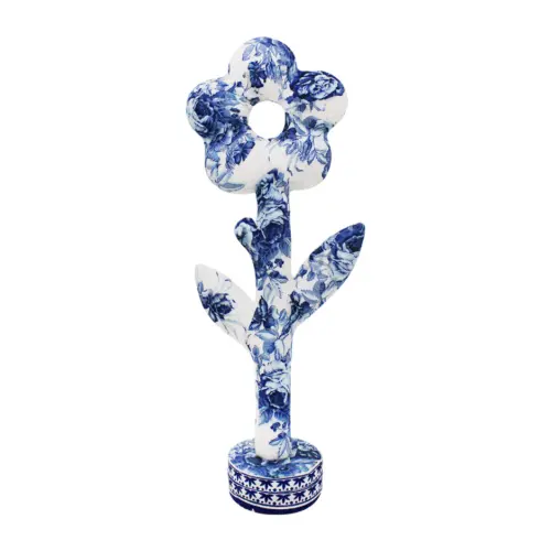 Flor forrada de papel con flores azul con blanco de 13x6x32cm