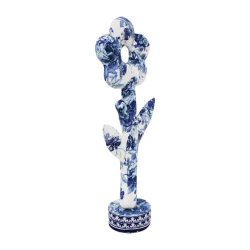Flor forrada de papel con flores azul con blanco de 13x6x32cm