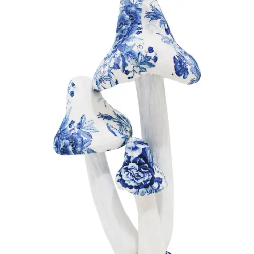 Hongos forrados de papel con flores azul con blanco de 24x18x47cm