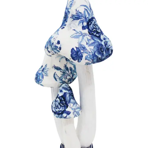 Hongos forrados de papel con flores azul con blanco de 24x18x47cm