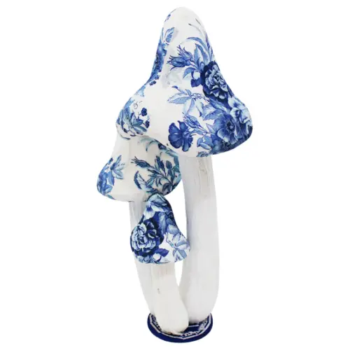 Hongos forrados de papel con flores azul con blanco de 17x12x27cm
