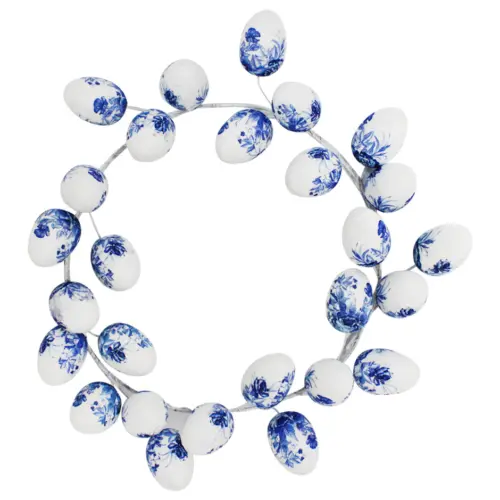 Corona de huevos forrada de papel con flores azul con blanco de 50x50x7cm