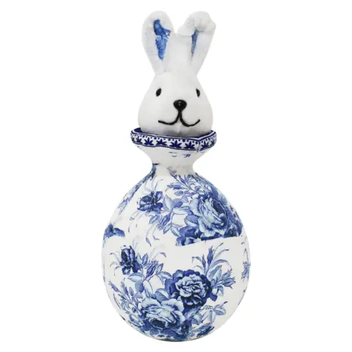 Floreo con cabeza de conejo forrado de papel con flores azul con blanco de 13x13x30cm