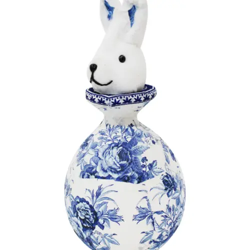 Florero con cabeza de conejo forrado de papel con flores azul con blanco de 17x17x38cm