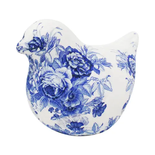 Pájaro forrado de papel con flores azul con blanco de 26x15x20cm
