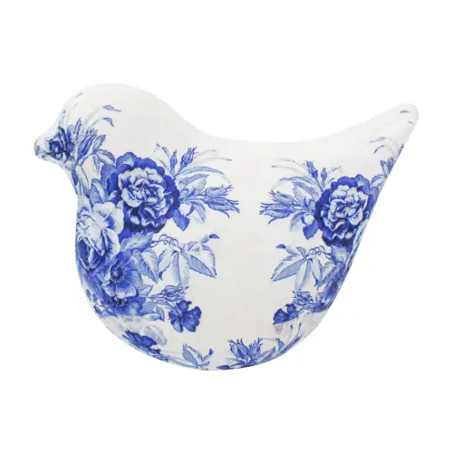 Pájaro forrado de papel con flores azul con blanco de 26x15x20cm