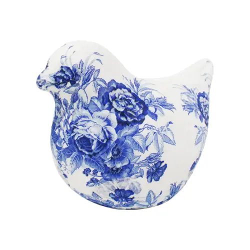 Pajaro forrado de papel con flores azul con blanco de 20x13x15cm