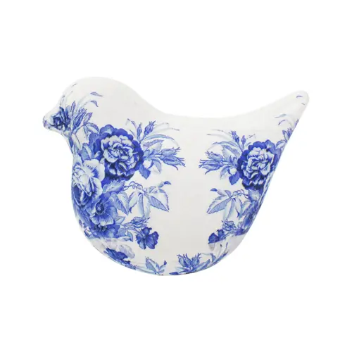 Pajaro forrado de papel con flores azul con blanco de 20x13x15cm