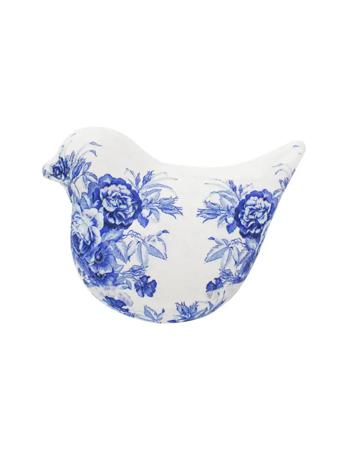 Pajaro forrado de papel con flores azul con blanco de 20x13x15cm - Image 2