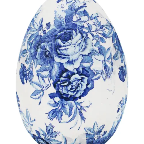 Huevo forrado de papel con flores azul con blanco de 34x34x49cm