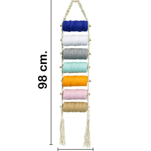 Colgante de macrame con 7 carretes de hilos de colores de 7x20x98cm