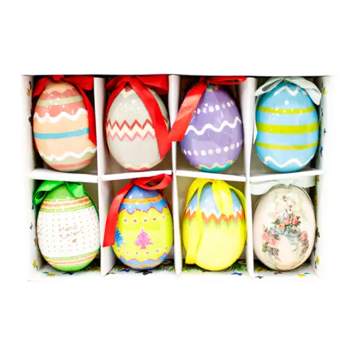 Caja con 8 huevos morados azules y amarillos de 4.5×4.5x7cm