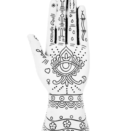 Mano de poliresina blanca con ojo de fatima negro de 11×7.5x26cm