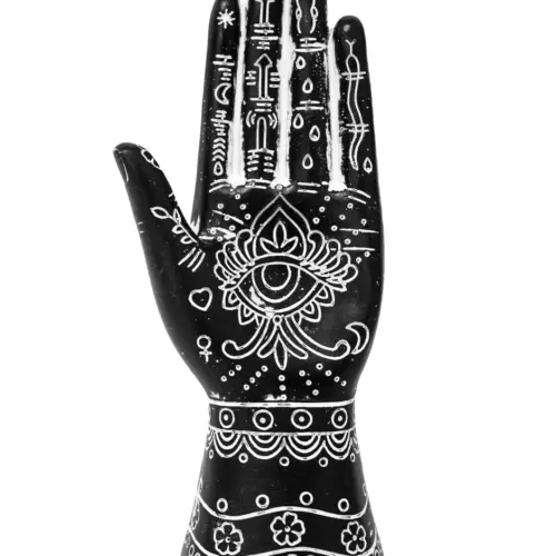 Mano de poliresina negra con ojo de fatima blanco de 11×7.5x26cm