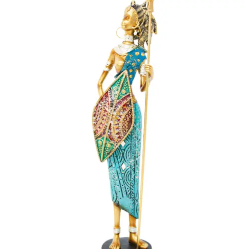 Africana de poliresina con lanza y escudo azul diamantado de 8x7x33.5cm