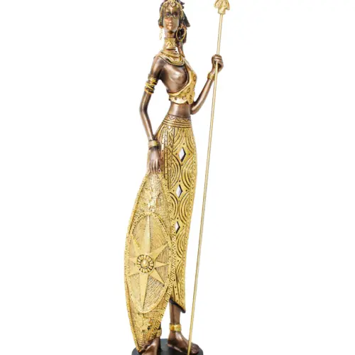 Africana de poliresina con lanza y escudo dorado diamantado de 9×7.5x41cm