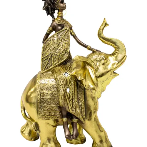 Africana de poliresina sobre elefante dorado diamantado de 22.5x12x32.5cm