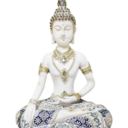 Buda blanco de poliresina con detalles brillosos de 16x10x24cm