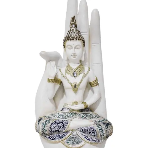 Buda de poliresina en mano con detalles brillosos de 16x10x36.5cm
