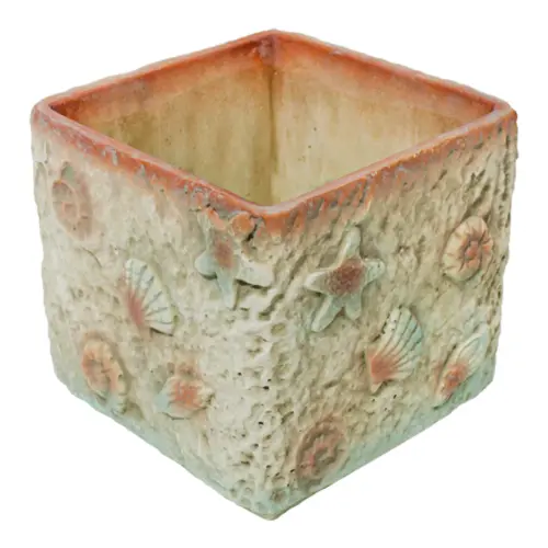 Maceta cuadrada de cemento con conchas de 20x20x18cm