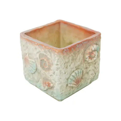 Maceta cuadrada de cemento con conchas de 14.5×14.5x12cm