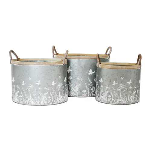 Juego de 3 macetas ovaladas de metal plata diseño floral de 27.5×19.5×18/23×16.5×17/18.5x14x15cm