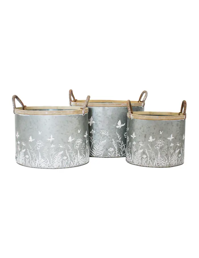 Juego de 3 macetas ovaladas de metal plata diseño floral de 27.5x19.5x18/23x16.5x17/18.5x14x15cm - Image 2