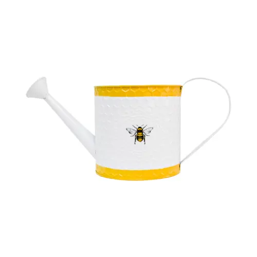 Regadera de metal para jardín de color blanco con amarillo diseño abeja de 39x16x17cm
