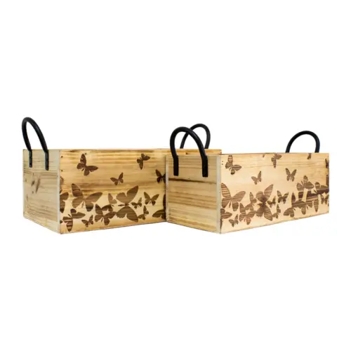 Juego de 2 macetas rectangular de madera con agarraderas diseño mariposas de 38.5x18x17.5/30x14x16cm
