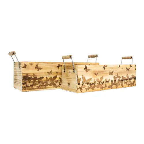 Juego de 2 macetas rectangular de madera con agarraderas diseño mariposas de 44x17x17.5/43x14x16.5cm