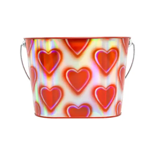 Bote de metal ovalado diseño corazones con agarradera rojos de 20x13x26.5cm