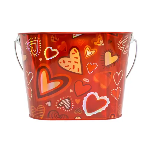 Bote de metal ovalado diseño corazones con agarradera rojos de 20x13x26.5cm