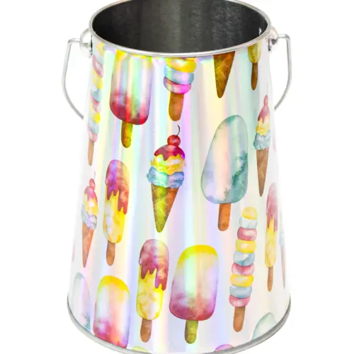 Bote de metal con agarradera diseño helados de colores iridiscente de 13x17x26cm