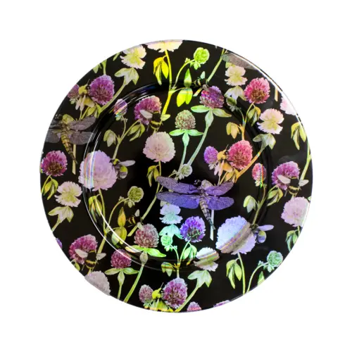 Plato de metal negro diseño flores blancas y moradas de 33×1.5cm