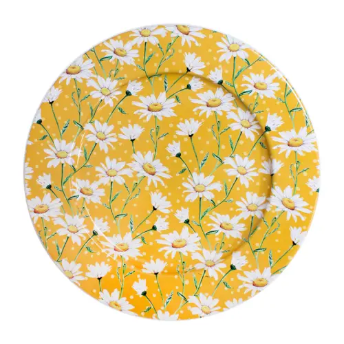 Plato de metal amarillo diseño flores blancas de 33×1.5cm