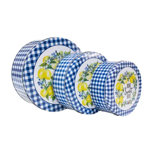 Juego de 3 cajas de metal diseño cuadros azul con blanco y frutas de 20×9/16×7/14×6.5cm