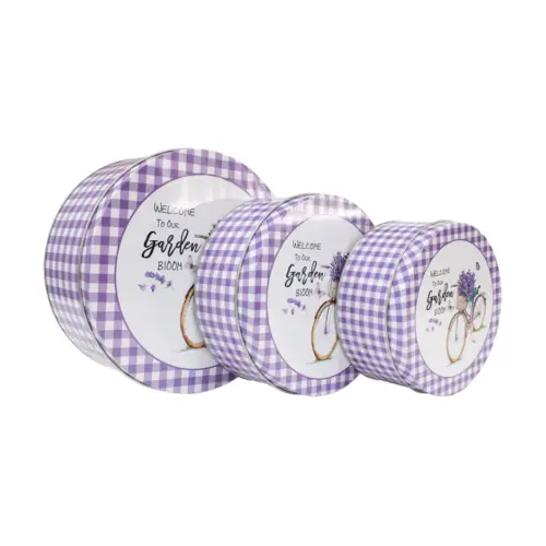 Juego de 3 cajas de metal diseño cuadros morado con blanco y flores de 20×9/16×7/14×6.5cm