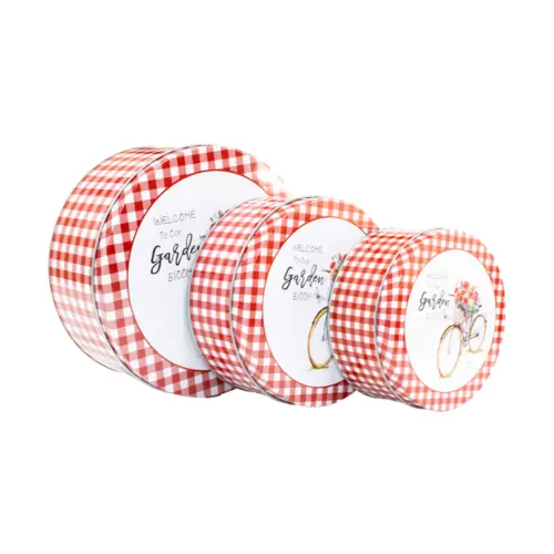 Juego de 3 cajas de metal diseño cuadros rojos con blanco y flores en bicicleta de 20×9/16×7/14×6.5c