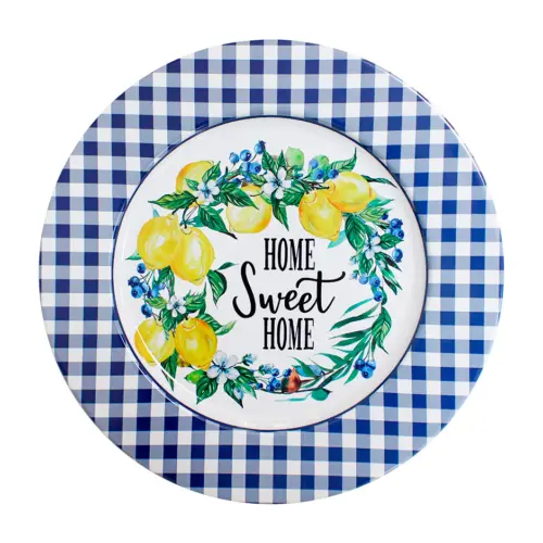 Plato de metal diseño cuadros azules con blanco y frutas de 33×1.5cm