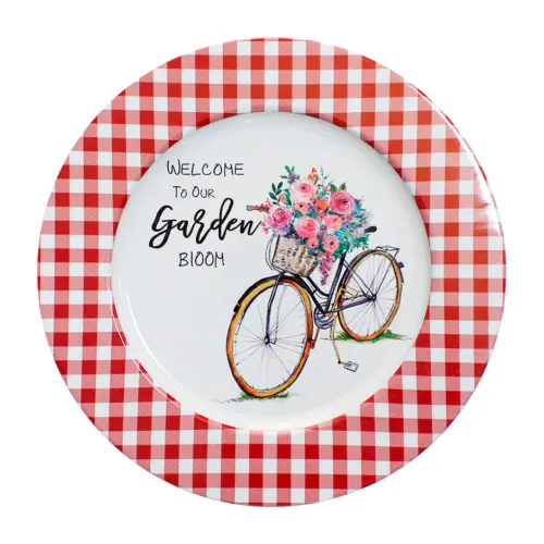 Plato de metal diseño cuadros rojos con blanco con flores en bicicleta de 33×1.5cm