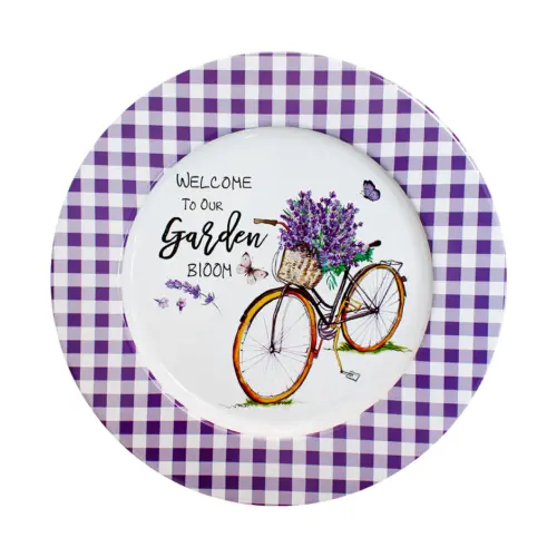 Plato de metal diseño cuadros morados con blanco con flores en bicicleta de 33×1.5cm