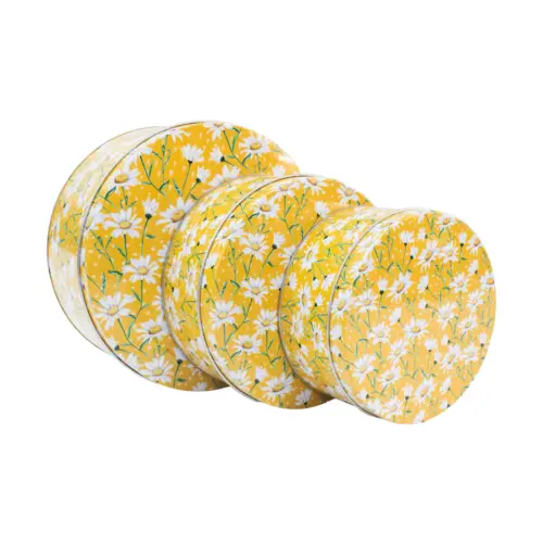 Juego de 3 cajas de metal redondas amarillas con flores blancas de 20×9/16×7/14×6.5cm