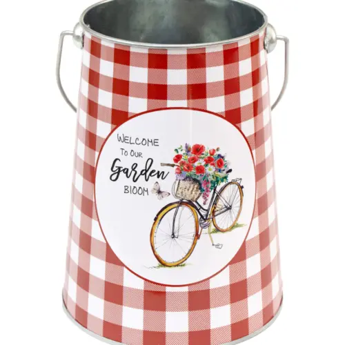 Bote de metal con agarradera diseño cuadros de color rojos con blanco y flores con bicicleta de 13×1